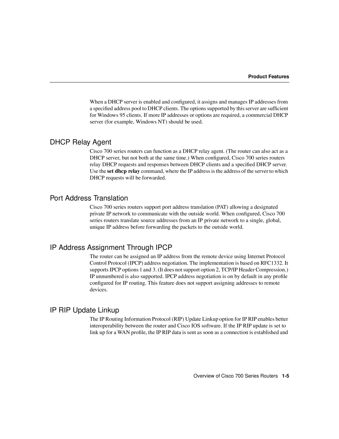 Cisco Systems 700 Series specifications Dhcp Relay Agent, Port Address Translation, IP Address Assignment Through Ipcp 