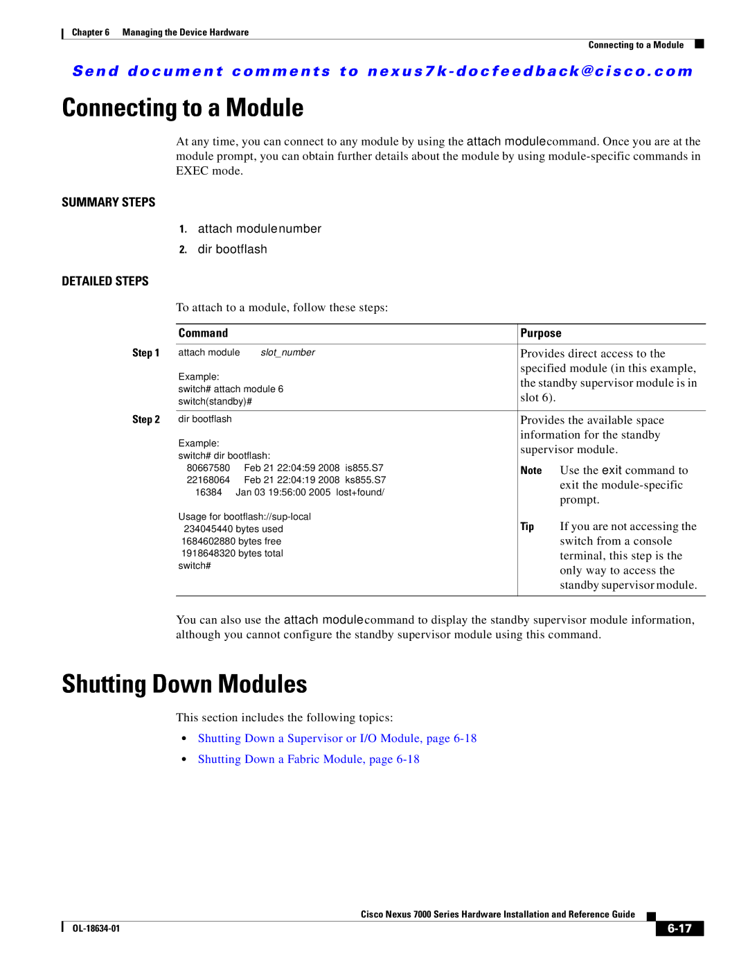 Cisco Systems N7KC7018RF, 7000, UCSCPCIECSC02, N7KC7004, N7KF248XP25E manual Connecting to a Module, Shutting Down Modules 