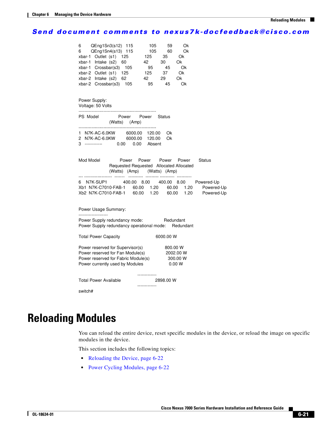 Cisco Systems N6KC600164P, 7000, UCSCPCIECSC02, N7KC7004 manual Reloading Modules, Reloading the Device, Power Cycling Modules 