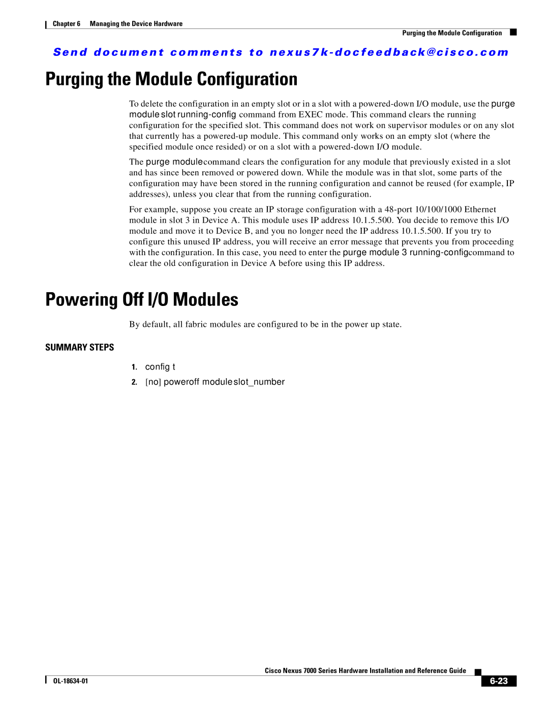 Cisco Systems 7000, UCSCPCIECSC02, N7KC7004, N7KC7018RF manual Purging the Module Configuration, Powering Off I/O Modules 