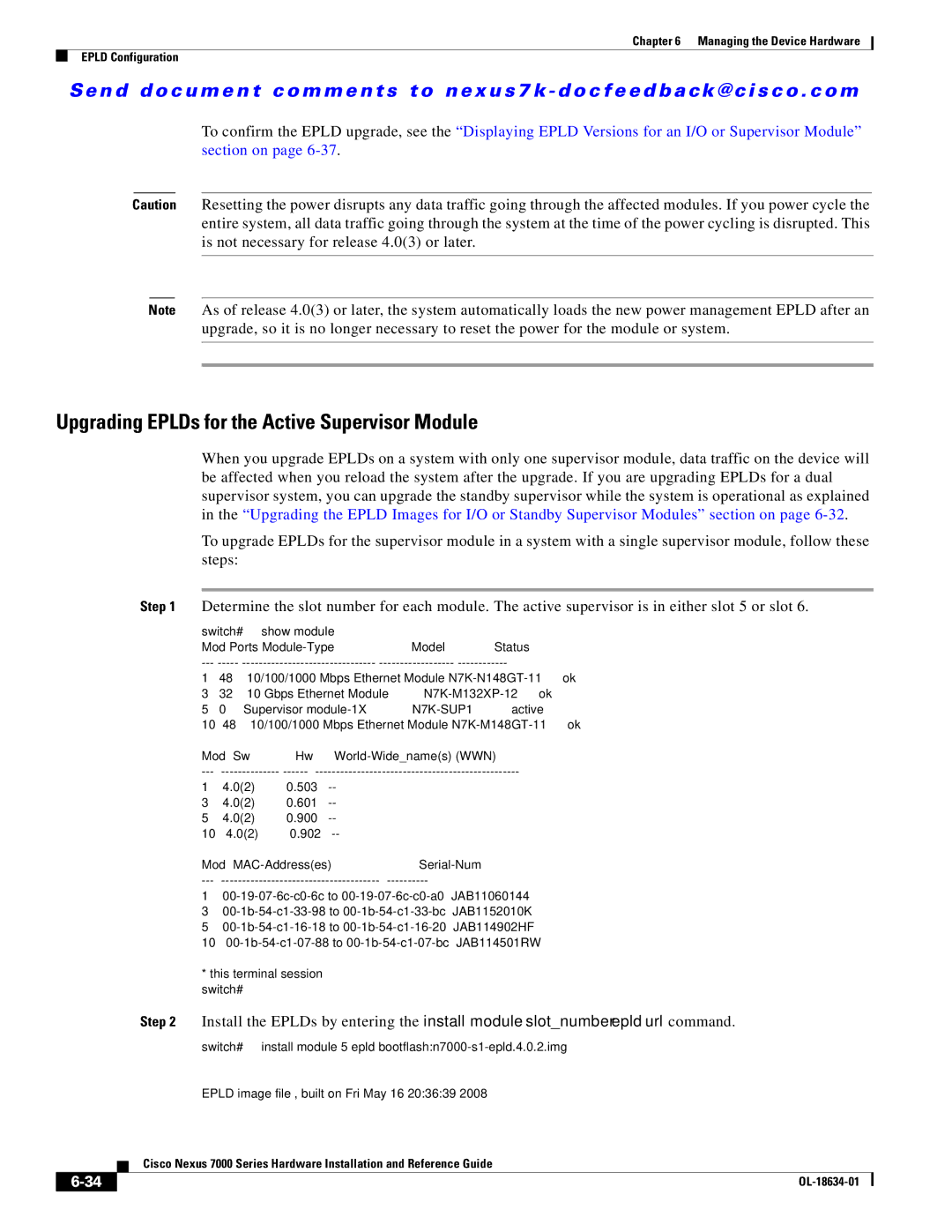 Cisco Systems N7KC7004, 7000, UCSCPCIECSC02, N7KC7018RF, N7KF248XP25E manual Upgrading EPLDs for the Active Supervisor Module 