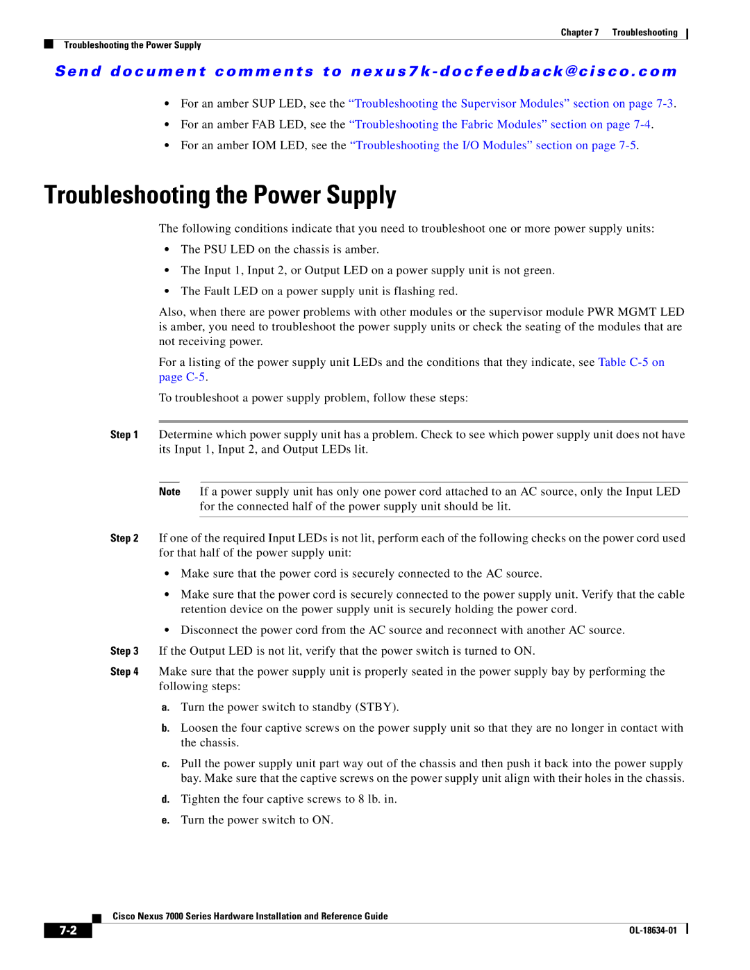 Cisco Systems UCSCPCIECSC02, 7000, N7KC7004, N7KC7018RF, N7KF248XP25E, N7KF248XT25E manual Troubleshooting the Power Supply 