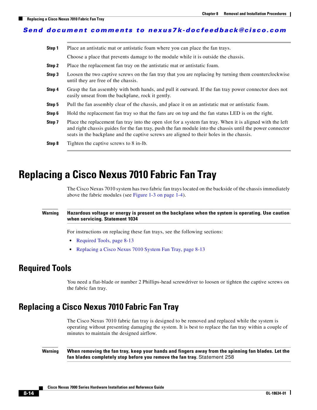 Cisco Systems UCSCPCIECSC02, 7000, N7KC7018RF, N7KF248XP25E, N7KC7004S2 manual Replacing a Cisco Nexus 7010 Fabric Fan Tray 