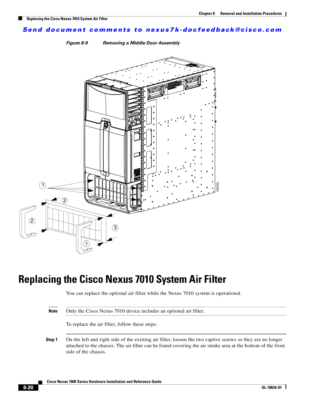 Cisco Systems N6KC600164P, 7000, N7KC7004 Replacing the Cisco Nexus 7010 System Air Filter, Removing a Middle Door Assembly 