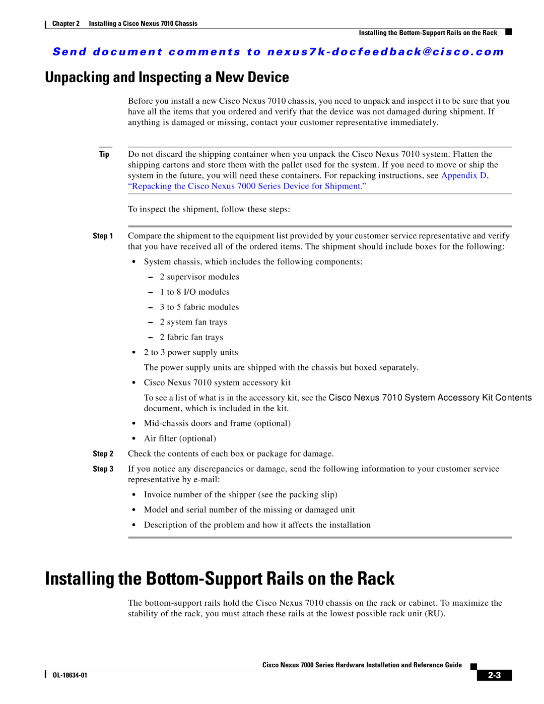 Cisco Systems N7KC7004S2, 7000 manual Installing the Bottom-Support Rails on the Rack, Unpacking and Inspecting a New Device 