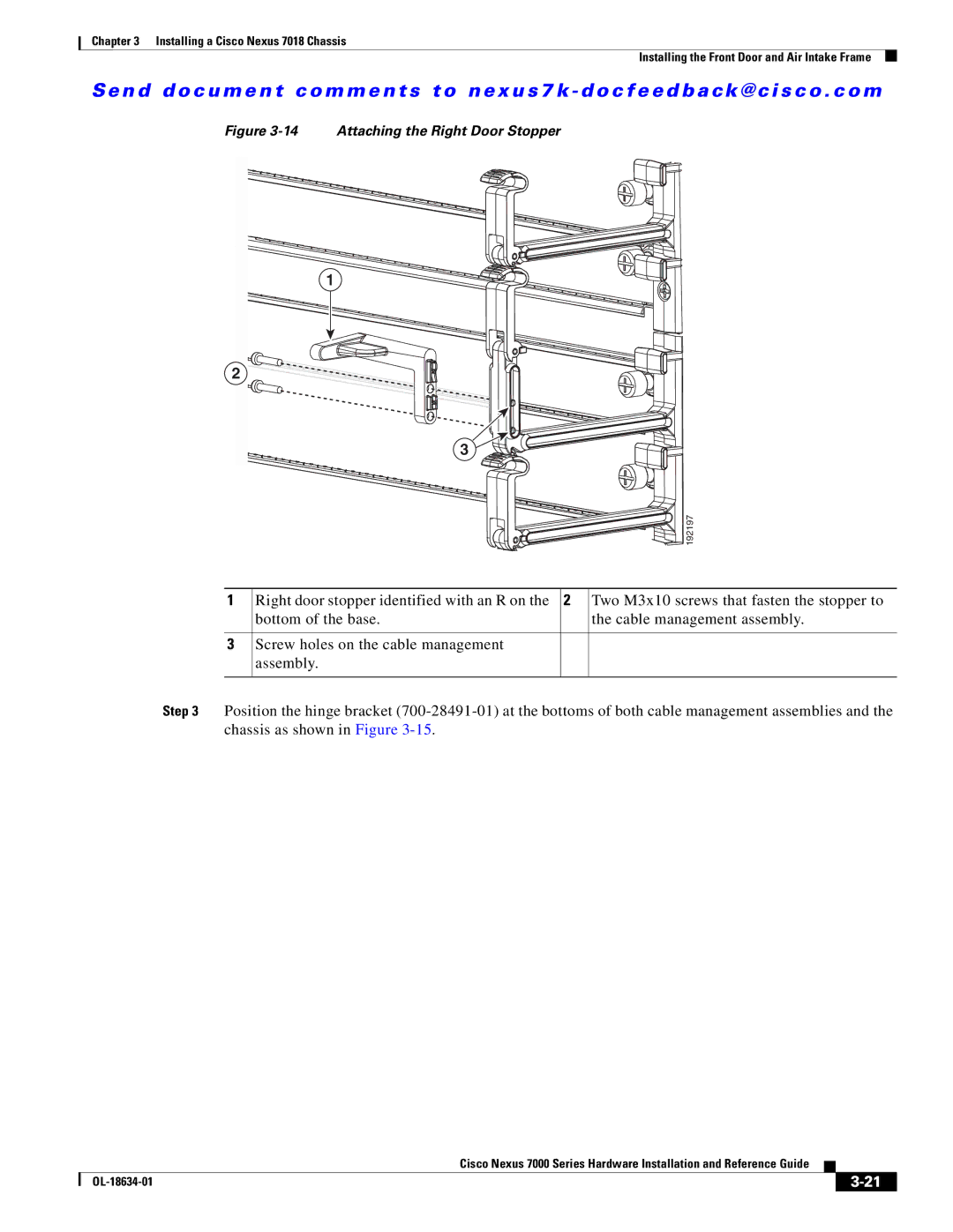 Cisco Systems N7KC7004S2, 7000, UCSCPCIECSC02, N7KC7018RF, N7KF248XP25E, N7KF248XT25E manual Attaching the Right Door Stopper 