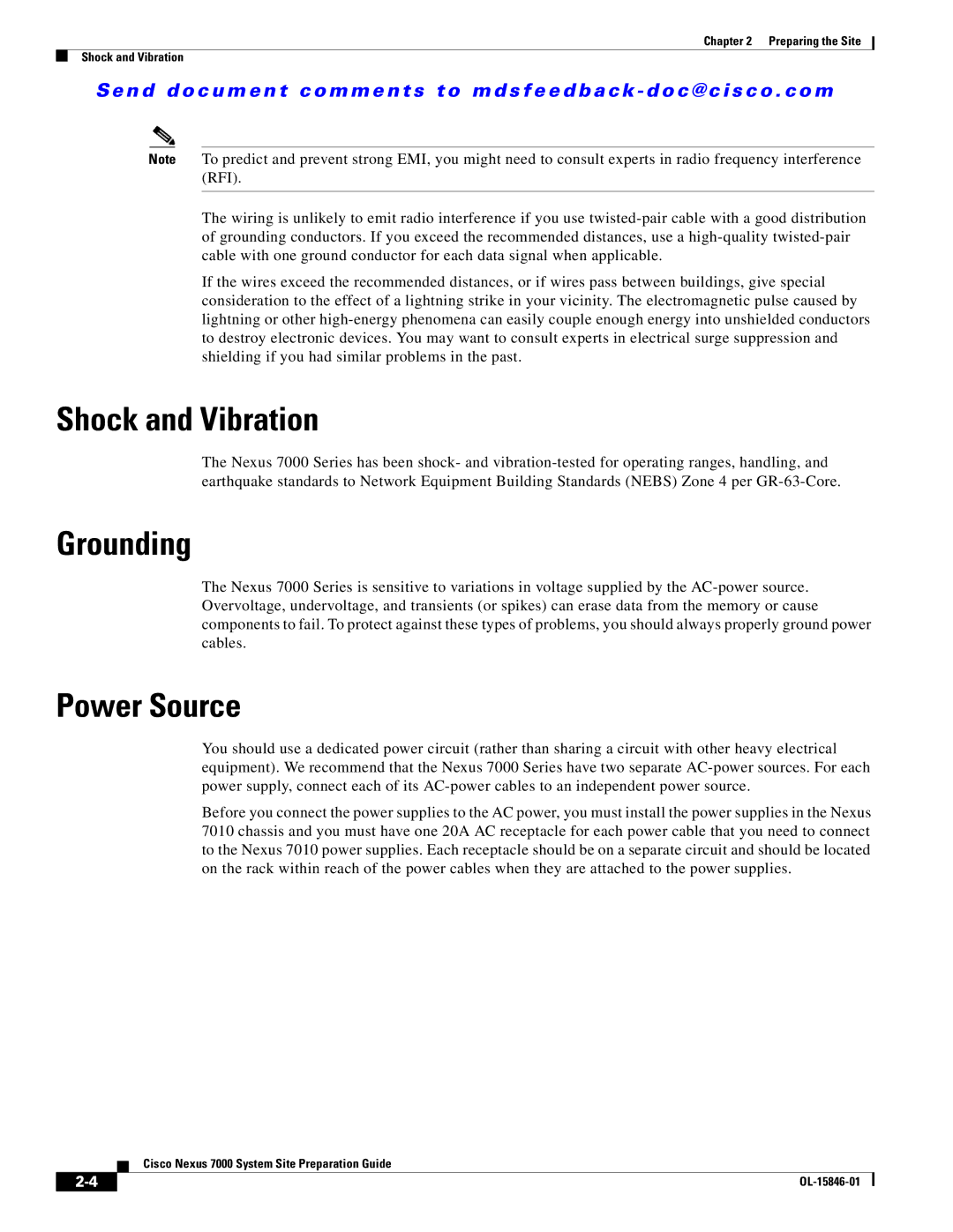 Cisco Systems 7000 manual Shock and Vibration, Grounding, Power Source 