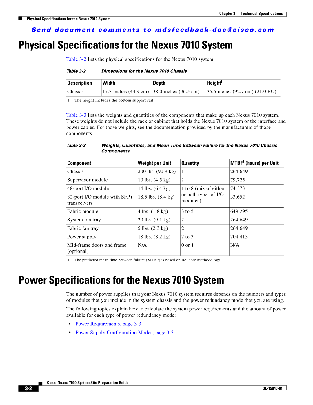 Cisco Systems 7000 manual Physical Specifications for the Nexus 7010 System, Power Specifications for the Nexus 7010 System 