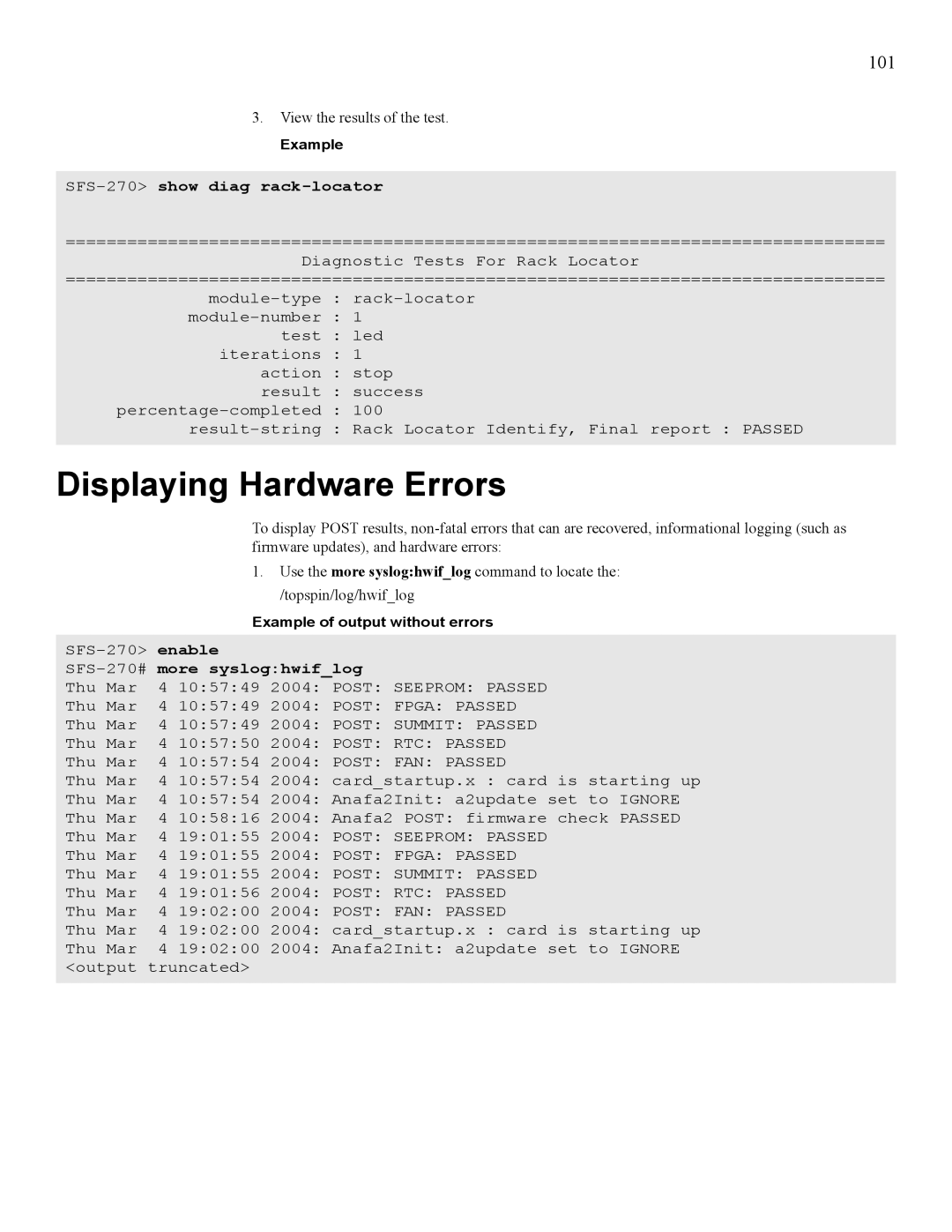 Cisco Systems 7008 manual Displaying Hardware Errors, SFS-270show diag rack-locator, Enable 