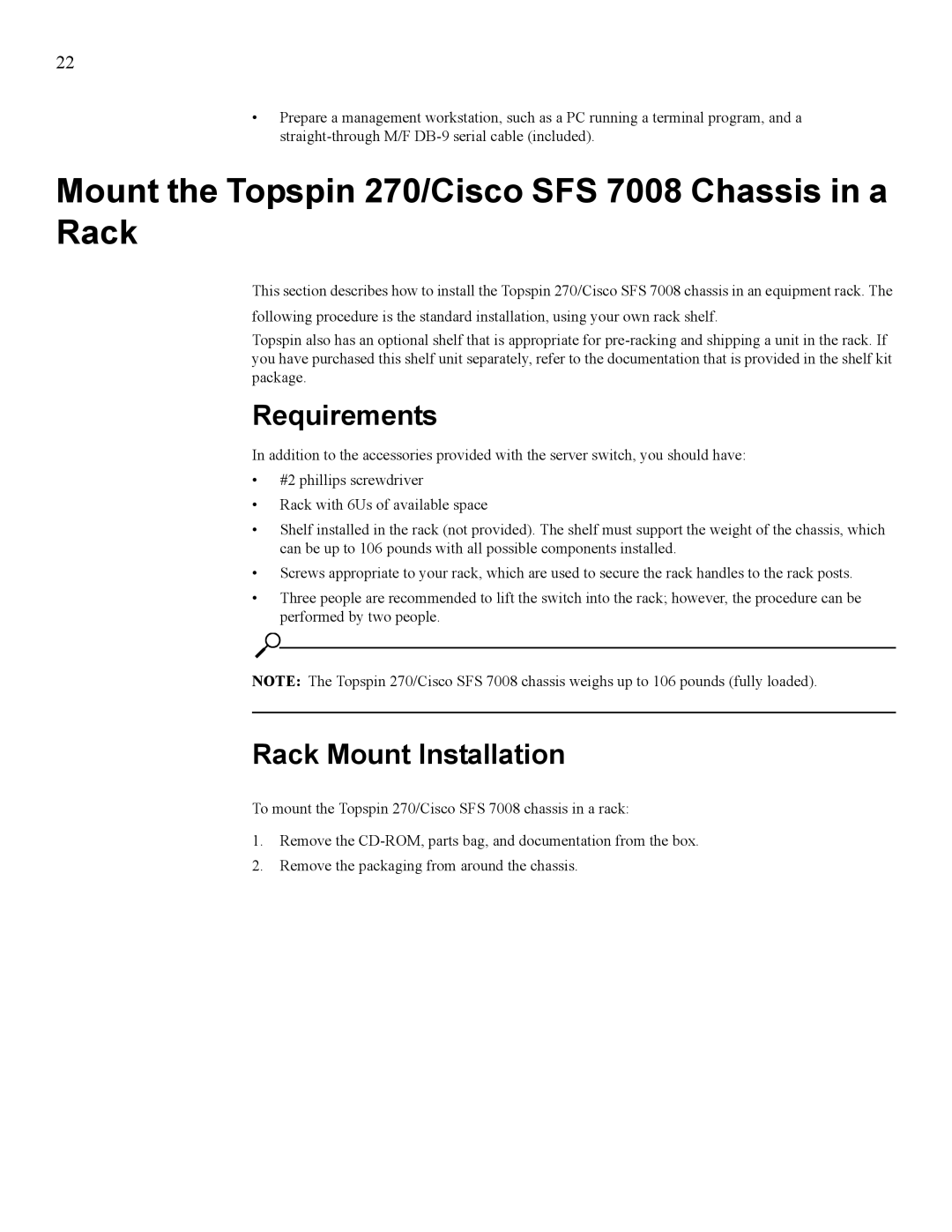 Cisco Systems manual Mount the Topspin 270/Cisco SFS 7008 Chassis in a Rack, Requirements, Rack Mount Installation 