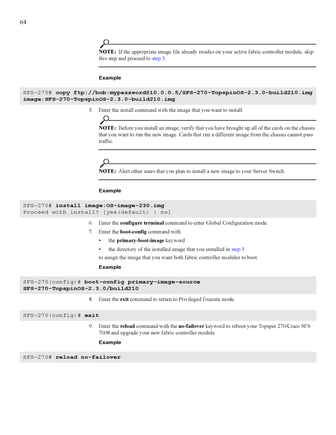 Cisco Systems 7008 manual SFS-270#install imageOS-image-230.img, Primary-boot-image keyword, SFS-270#reload no-failover 