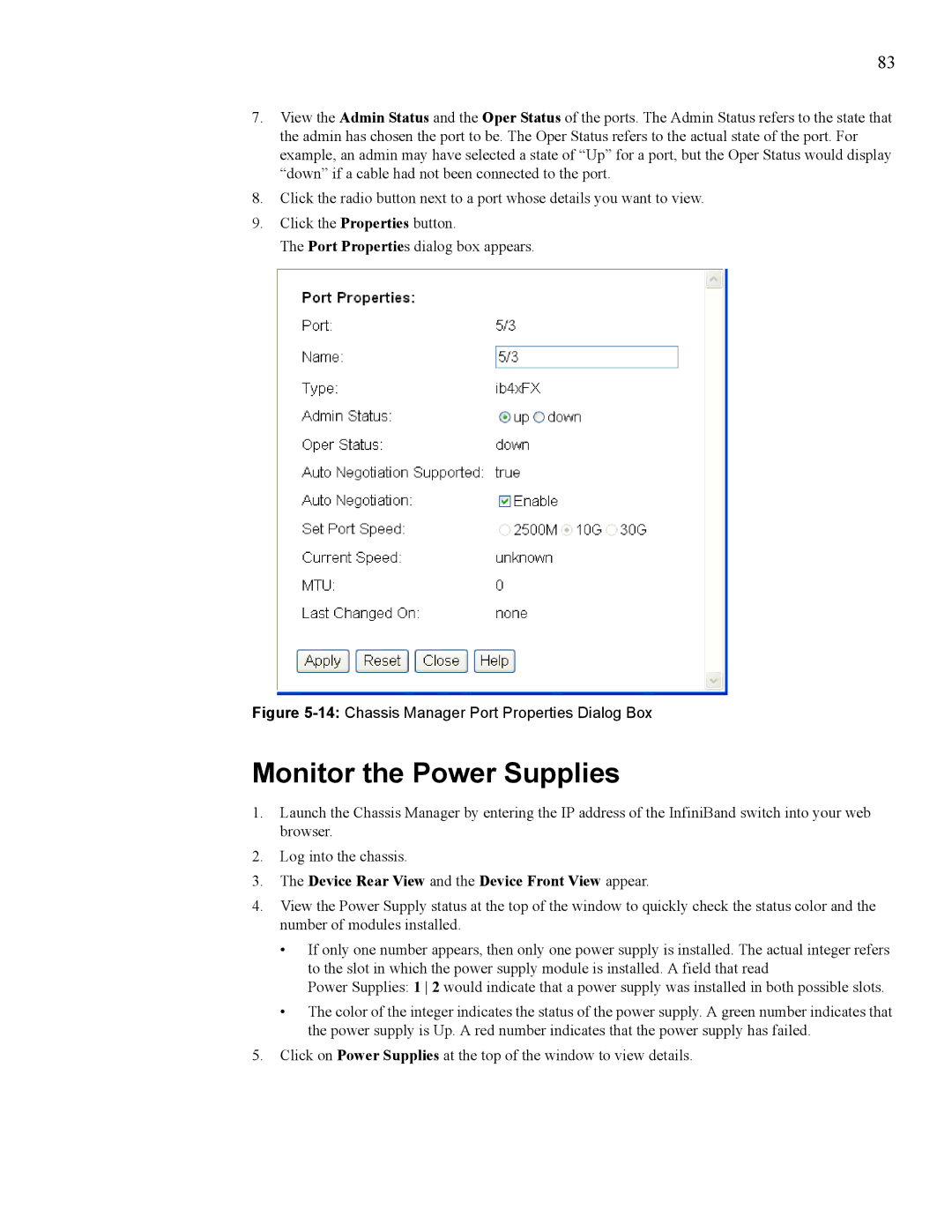 Cisco Systems 270, 7008 manual Monitor the Power Supplies, 14Chassis Manager Port Properties Dialog Box 