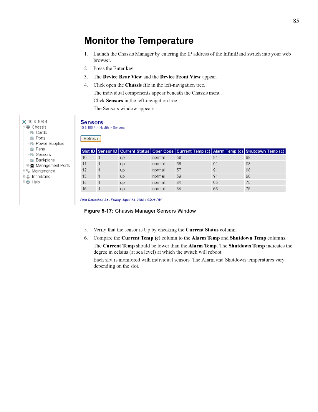 Cisco Systems 270, 7008 manual Monitor the Temperature, 17Chassis Manager Sensors Window 