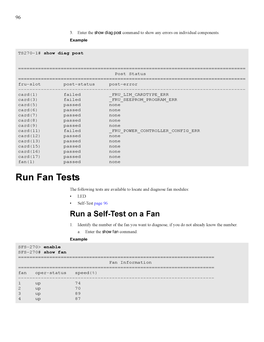 Cisco Systems 7008 manual Run Fan Tests, Run a Self-Test on a Fan, TS270-1#show diag post 