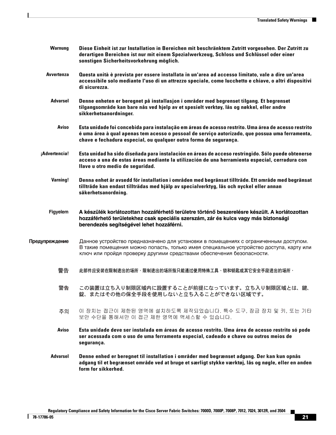 Cisco Systems 7008P, 7024, 7012 important safety instructions Translated Safety Warnings 