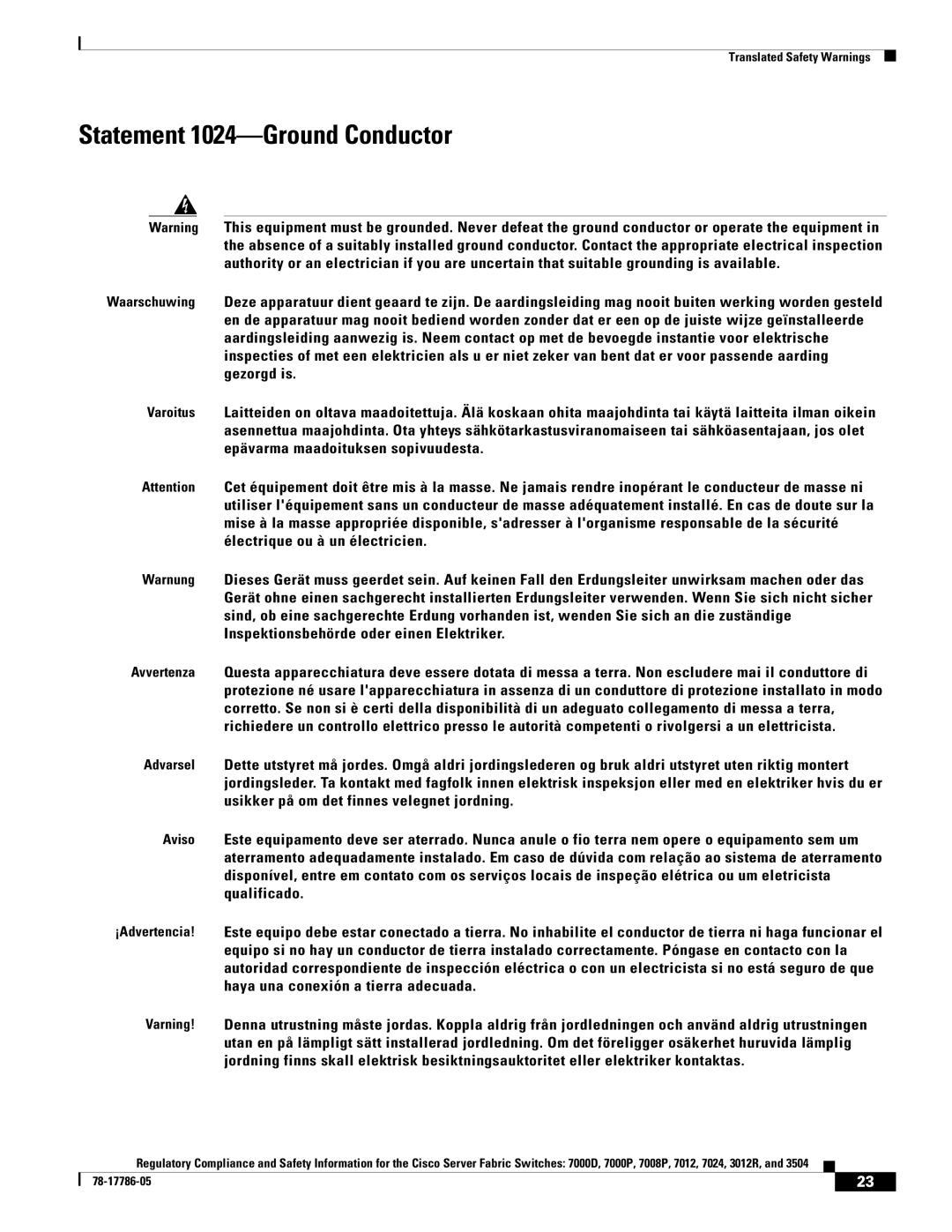 Cisco Systems 7012, 7008P, 7024 important safety instructions Statement 1024-Ground Conductor 