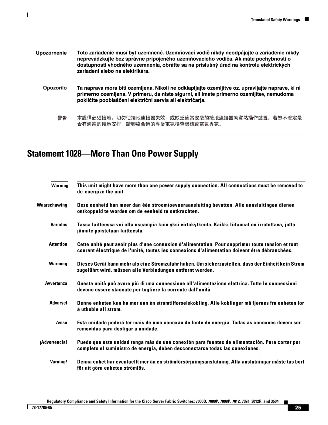 Cisco Systems 7024, 7008P, 7012 important safety instructions Statement 1028-More Than One Power Supply 