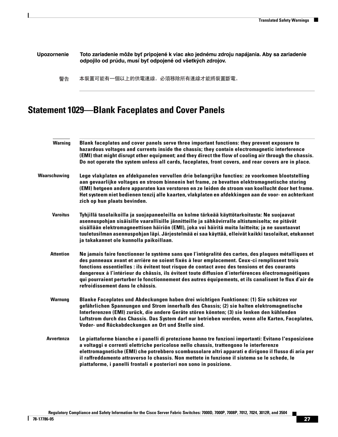 Cisco Systems 7008P, 7024, 7012 important safety instructions Statement 1029-Blank Faceplates and Cover Panels 