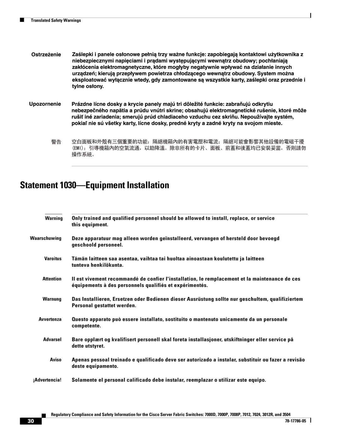 Cisco Systems 7008P, 7024, 7012 important safety instructions Statement 1030-Equipment Installation 