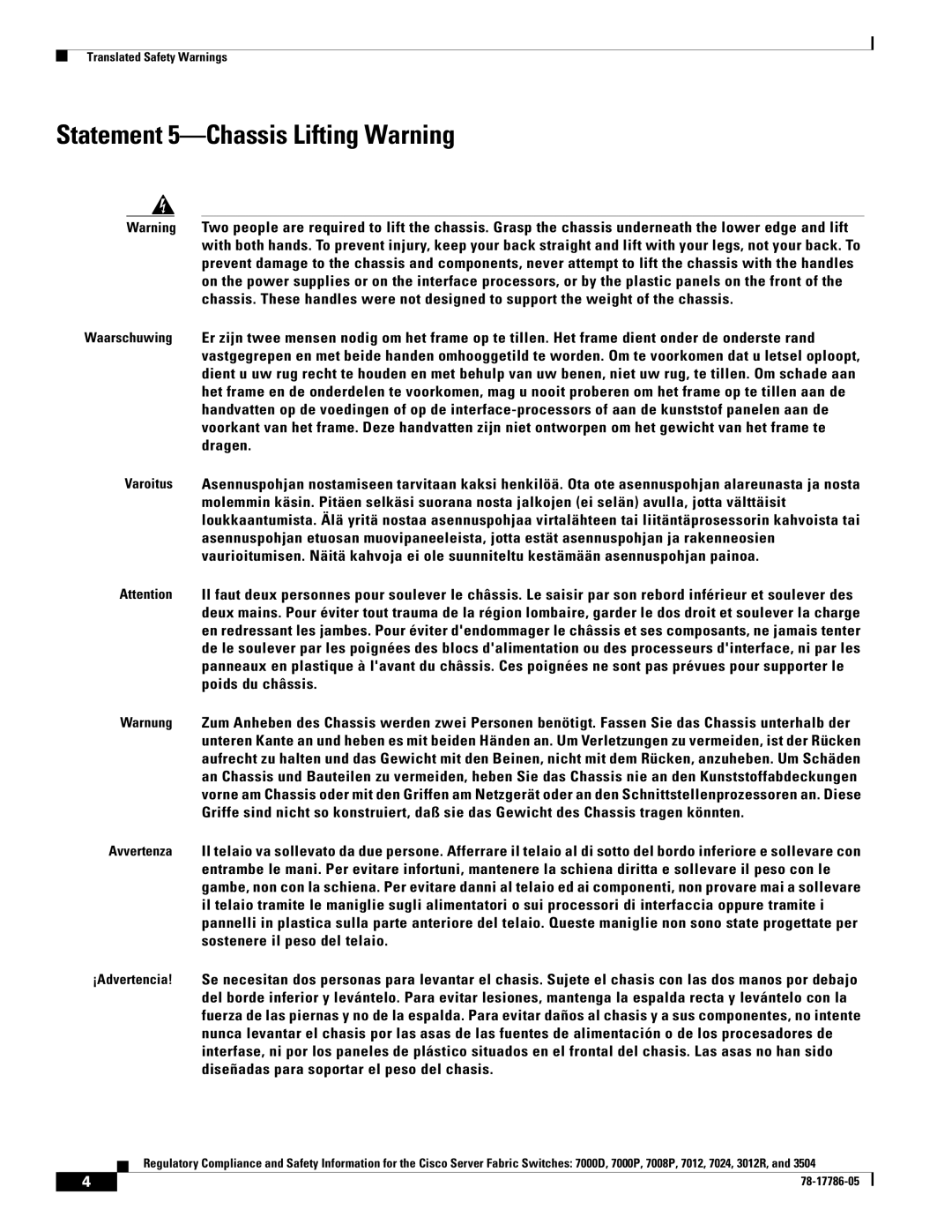 Cisco Systems 7024, 7008P, 7012 important safety instructions Statement 5-Chassis Lifting Warning 