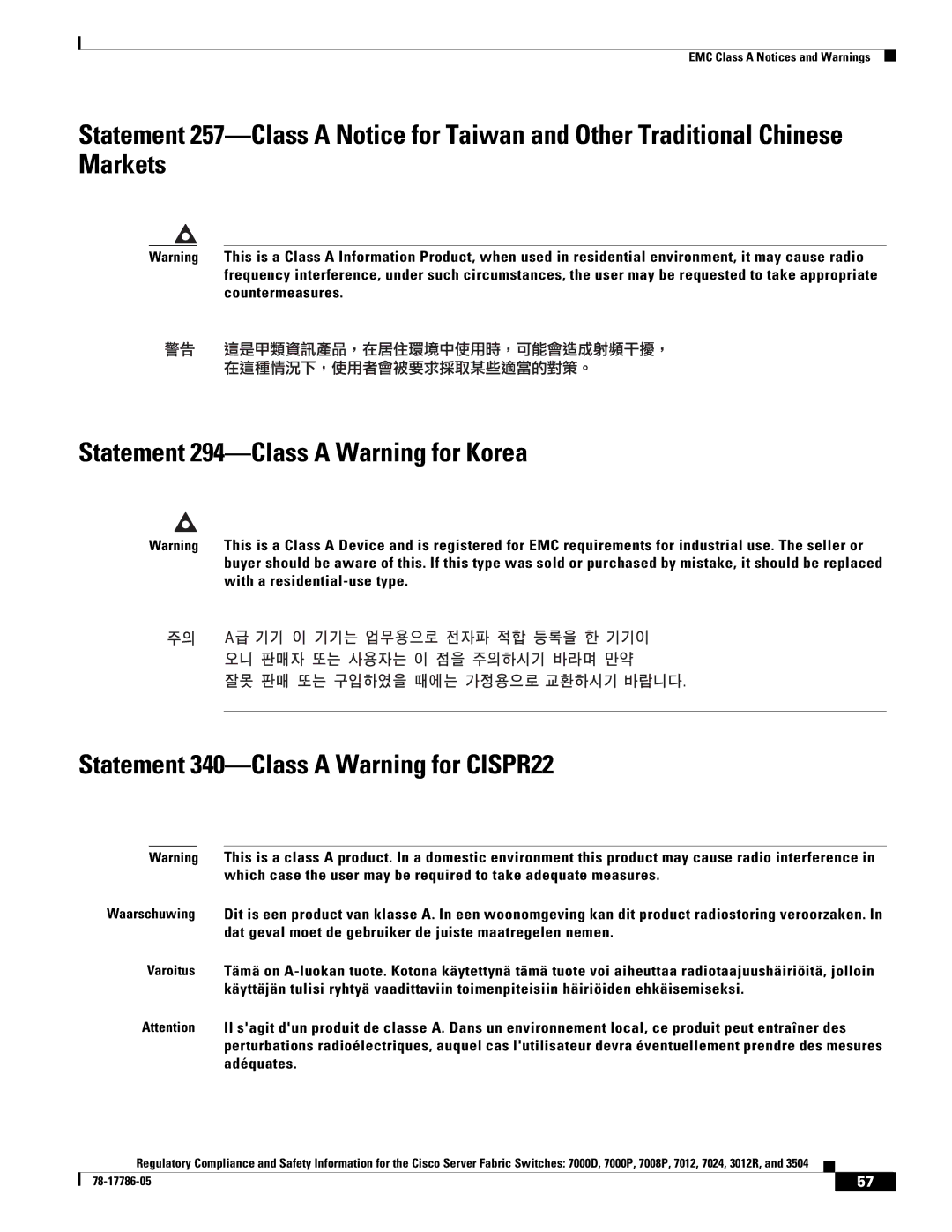 Cisco Systems 7008P, 7024, 7012 important safety instructions EMC Class a Notices and Warnings 