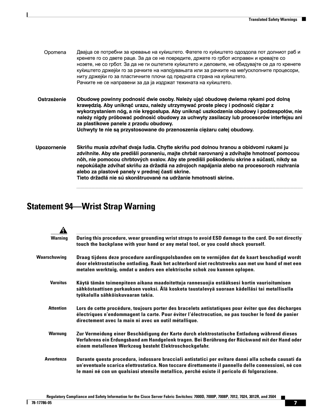 Cisco Systems 7024, 7008P, 7012 important safety instructions Statement 94-Wrist Strap Warning 