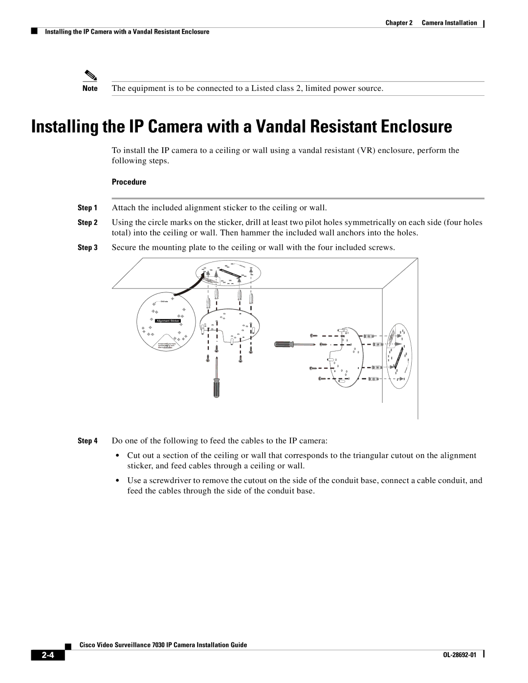 Cisco Systems 7030 manual Installing the IP Camera with a Vandal Resistant Enclosure, Procedure 