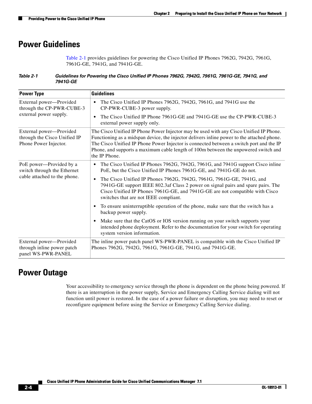 Cisco Systems 71 manual Power Guidelines, Power Outage, Power Type 