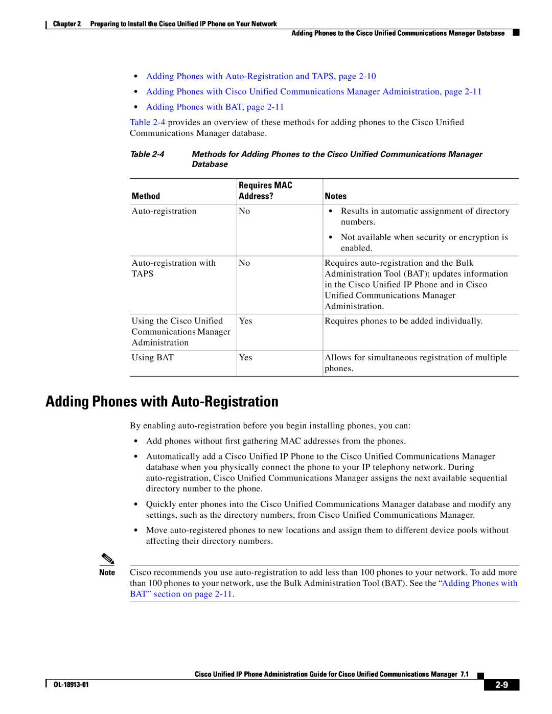 Cisco Systems 71 manual Adding Phones with Auto-Registration and TAPS, page, Adding Phones with BAT, page, Requires MAC 