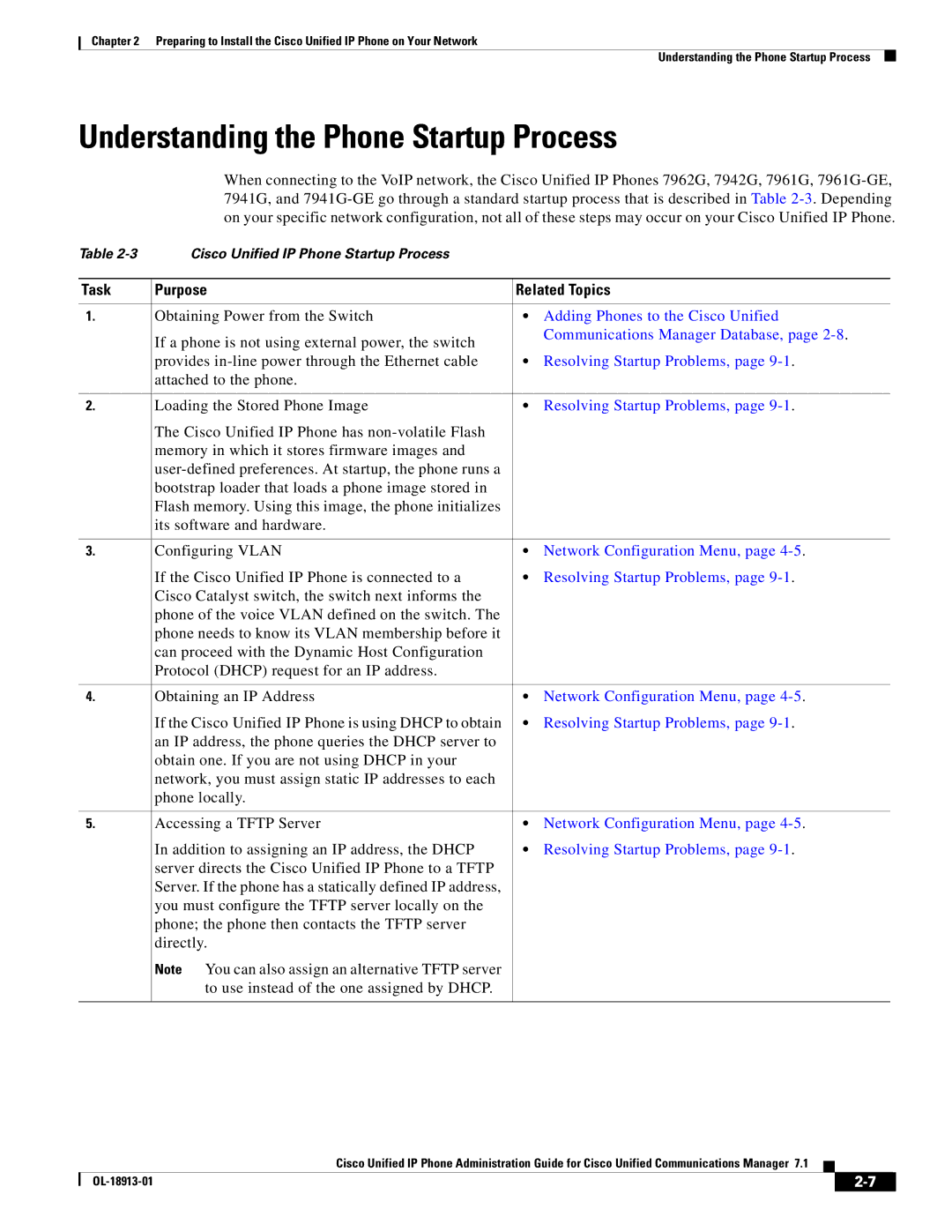 Cisco Systems 71 manual Understanding the Phone Startup Process, Purpose Related Topics 