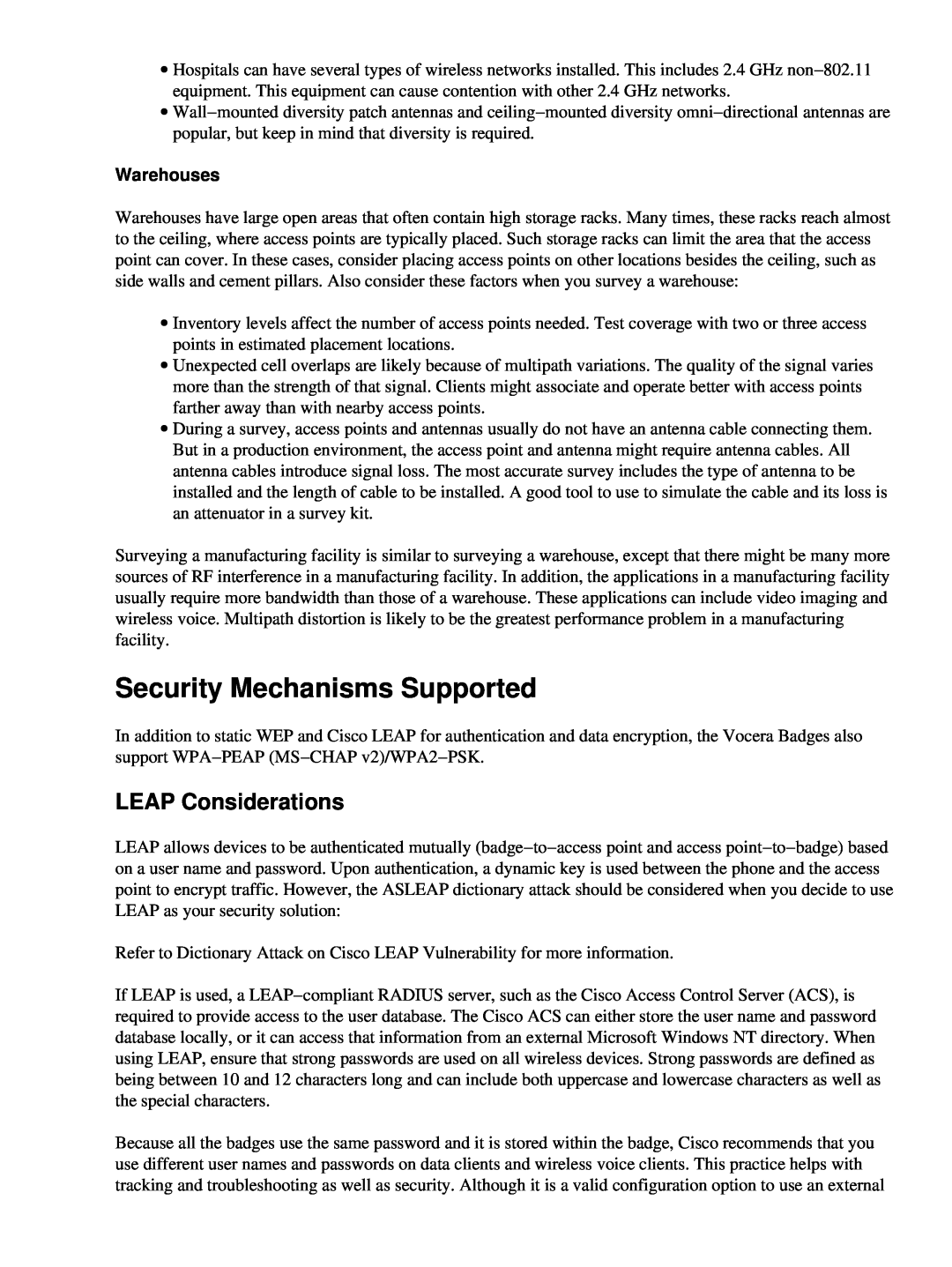 Cisco Systems 71642 manual Security Mechanisms Supported, LEAP Considerations, Warehouses 
