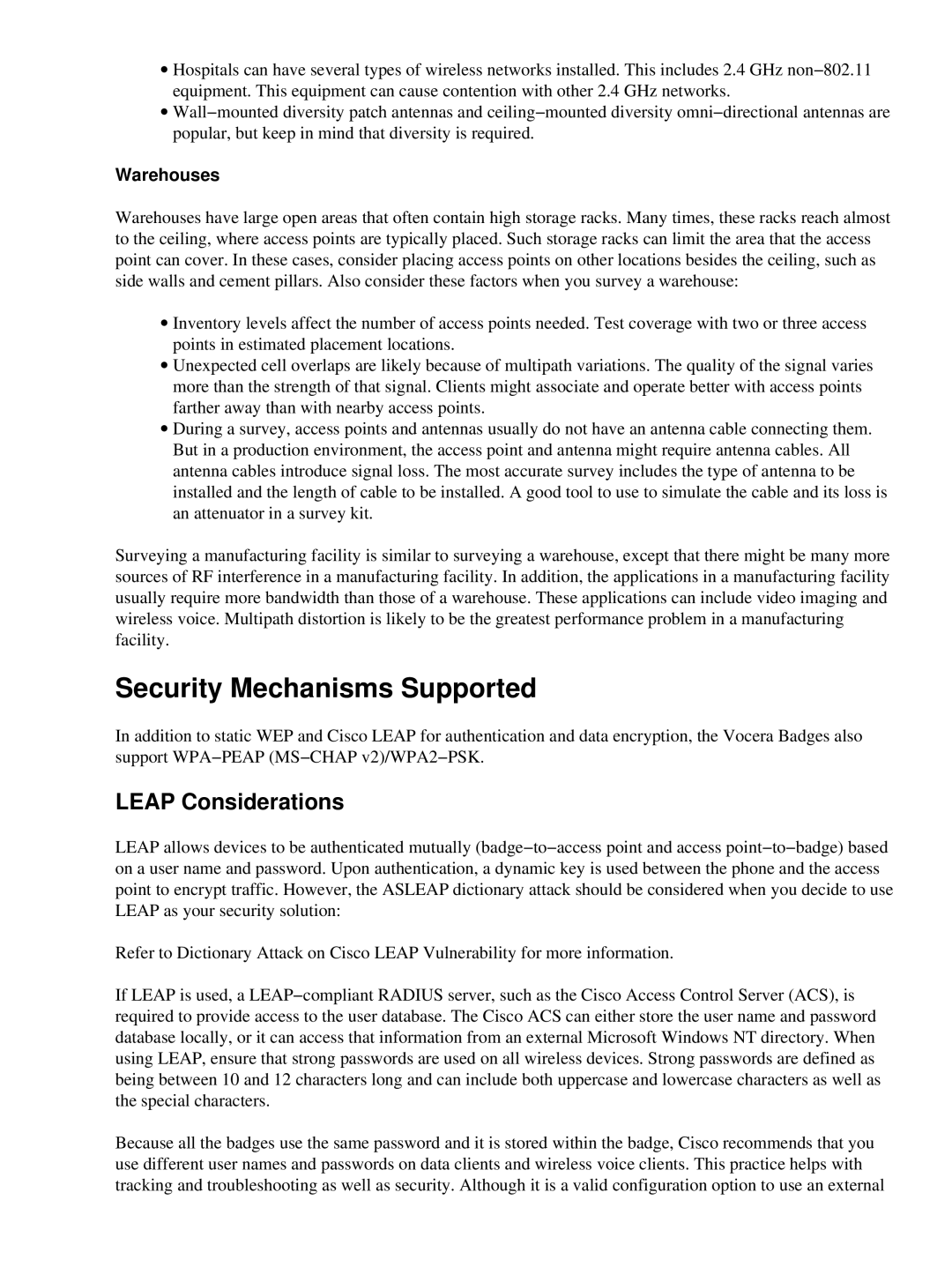 Cisco Systems 71642 manual Security Mechanisms Supported, Leap Considerations 