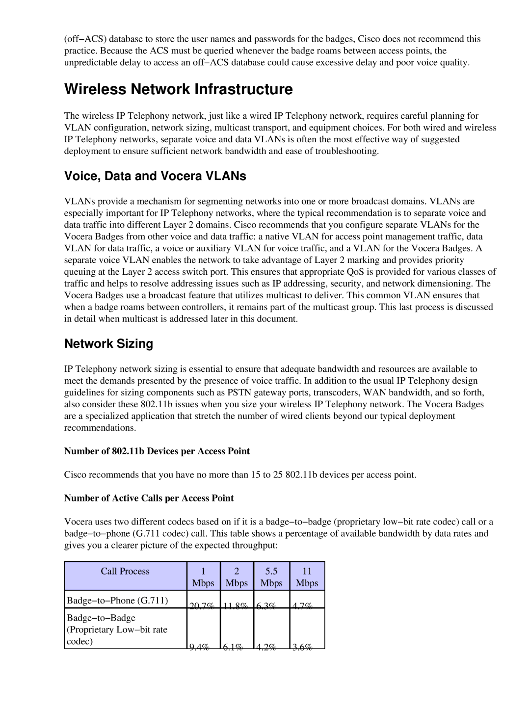 Cisco Systems 71642 manual Wireless Network Infrastructure, Voice, Data and Vocera VLANs, Network Sizing 