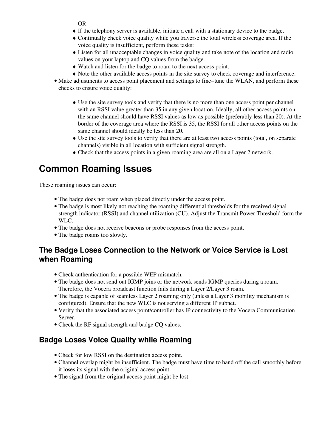 Cisco Systems 71642 manual Common Roaming Issues, Badge Loses Voice Quality while Roaming 