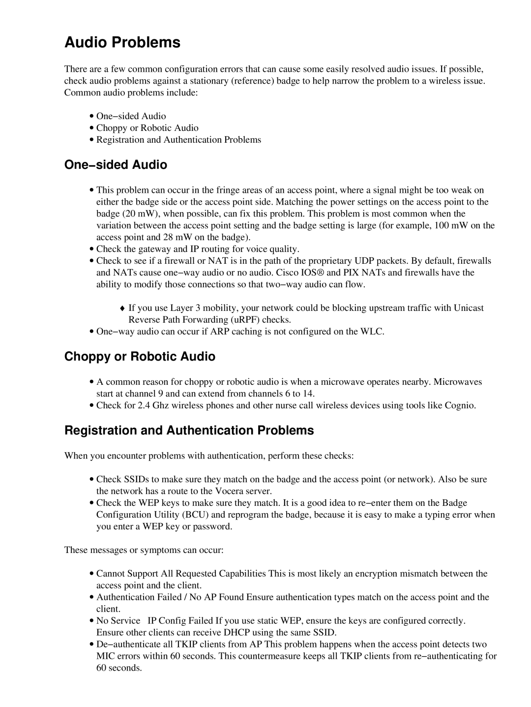 Cisco Systems 71642 Audio Problems, One−sided Audio, Choppy or Robotic Audio, Registration and Authentication Problems 