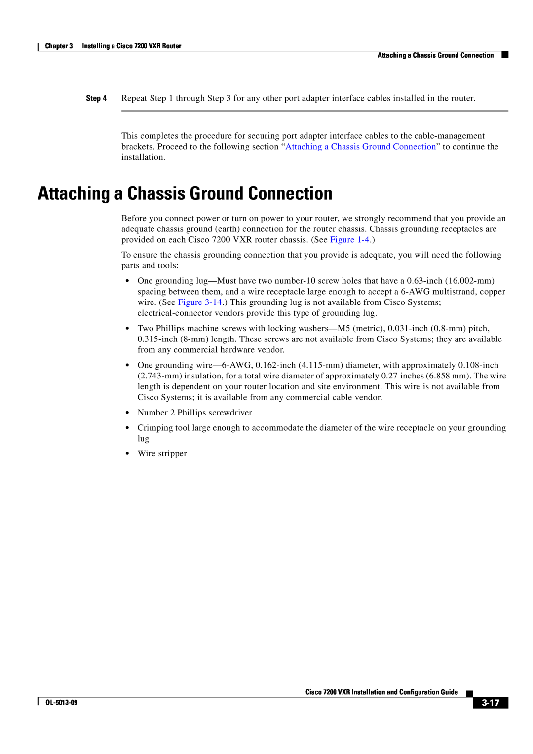 Cisco Systems 7200 VXR manual Attaching a Chassis Ground Connection, 3-17 