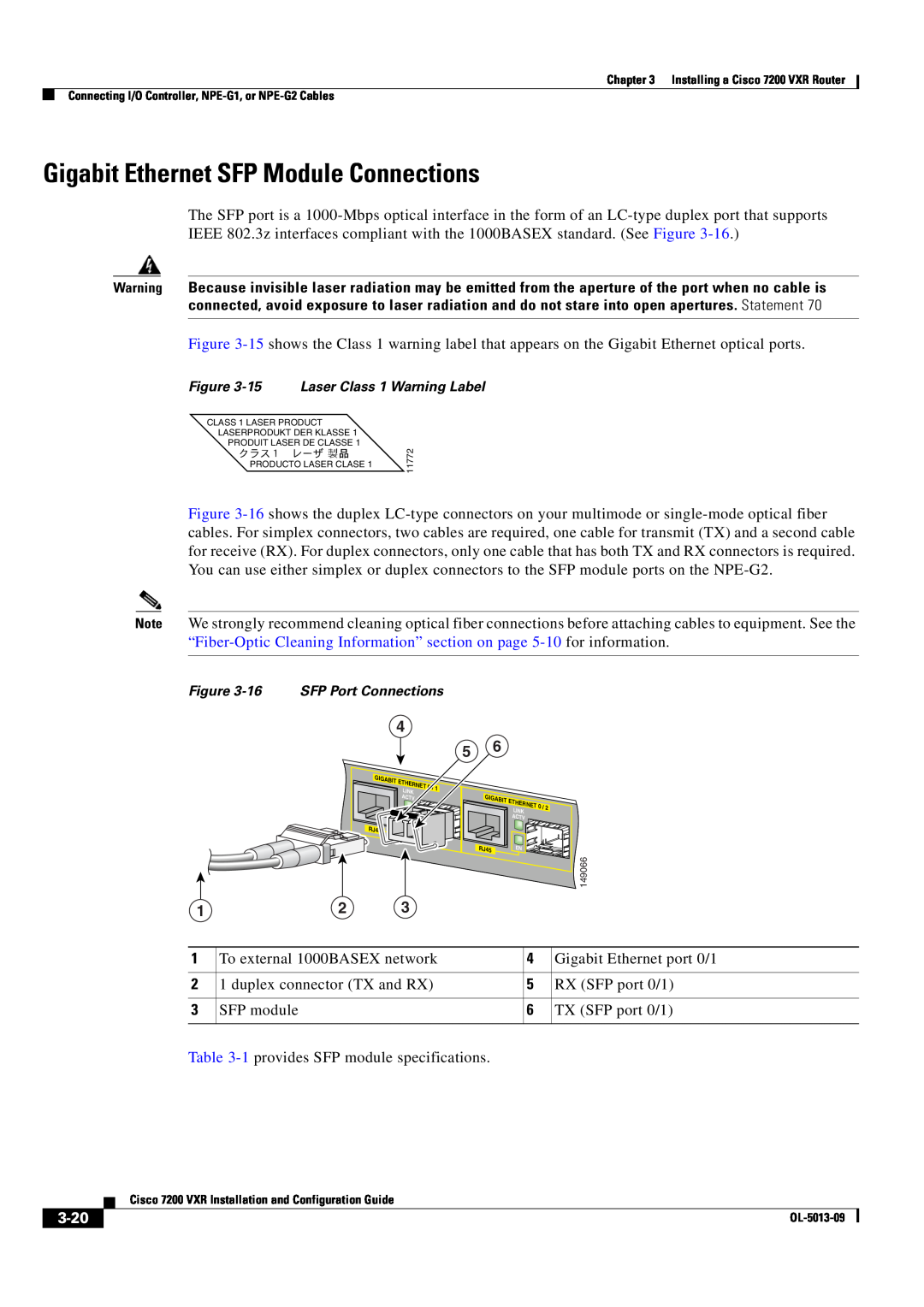 Cisco Systems 7200 VXR manual Gigabit Ethernet SFP Module Connections, 3-20 