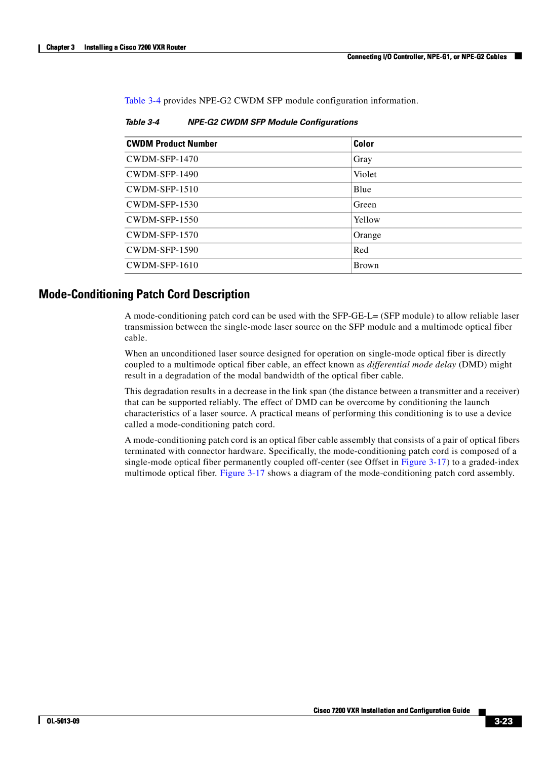 Cisco Systems 7200 VXR manual Mode-Conditioning Patch Cord Description, 3-23, NPE-G2 CWDM SFP Module Configurations 
