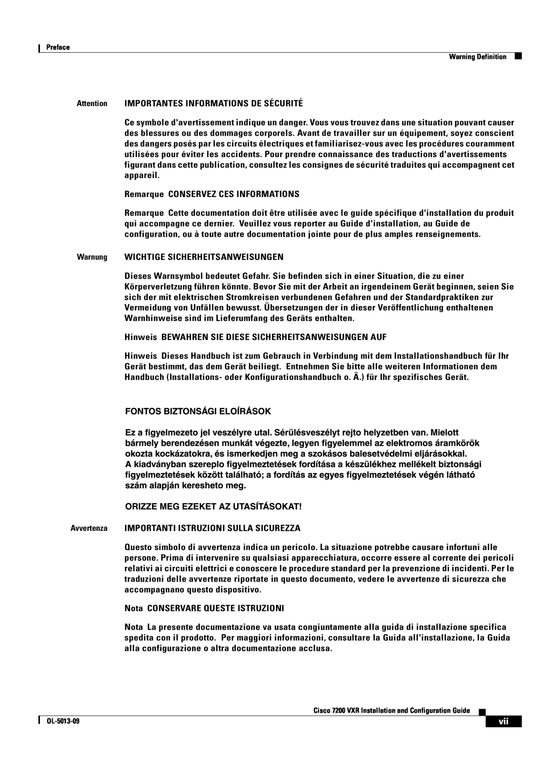 Cisco Systems 7200 VXR manual Attention IMPORTANTES INFORMATIONS DE SÉCURITÉ 