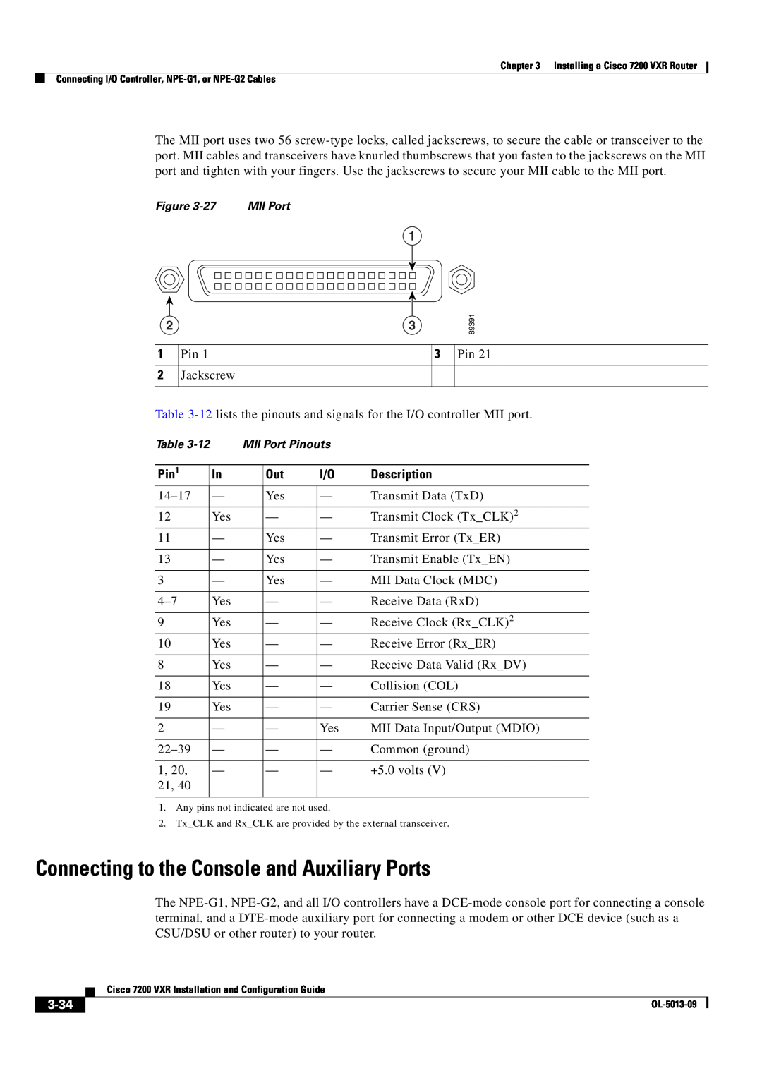 Cisco Systems 7200 VXR manual Connecting to the Console and Auxiliary Ports, 3-34, MII Port Pinouts 