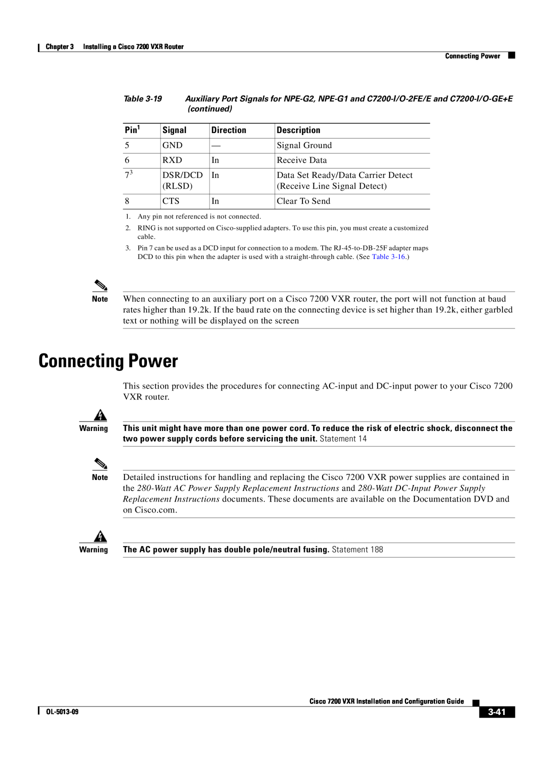 Cisco Systems 7200 VXR manual Connecting Power, 3-41, continued 
