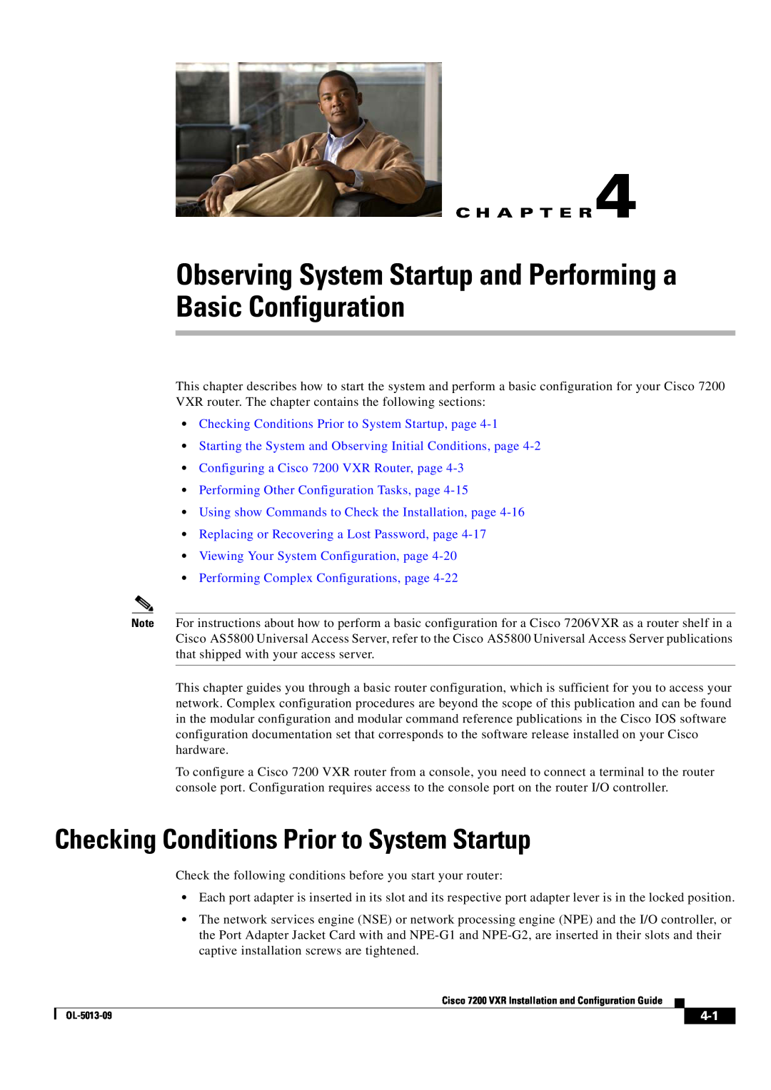 Cisco Systems 7200 VXR manual Basic Configuration, Checking Conditions Prior to System Startup, C H A P T E R 