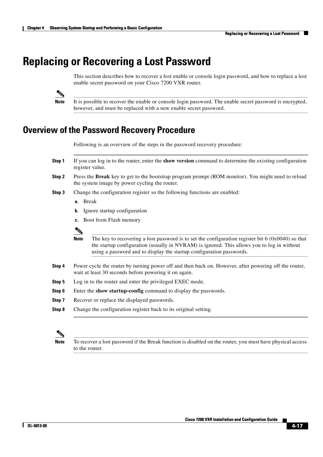 Cisco Systems 7200 VXR manual Replacing or Recovering a Lost Password, Overview of the Password Recovery Procedure, 4-17 