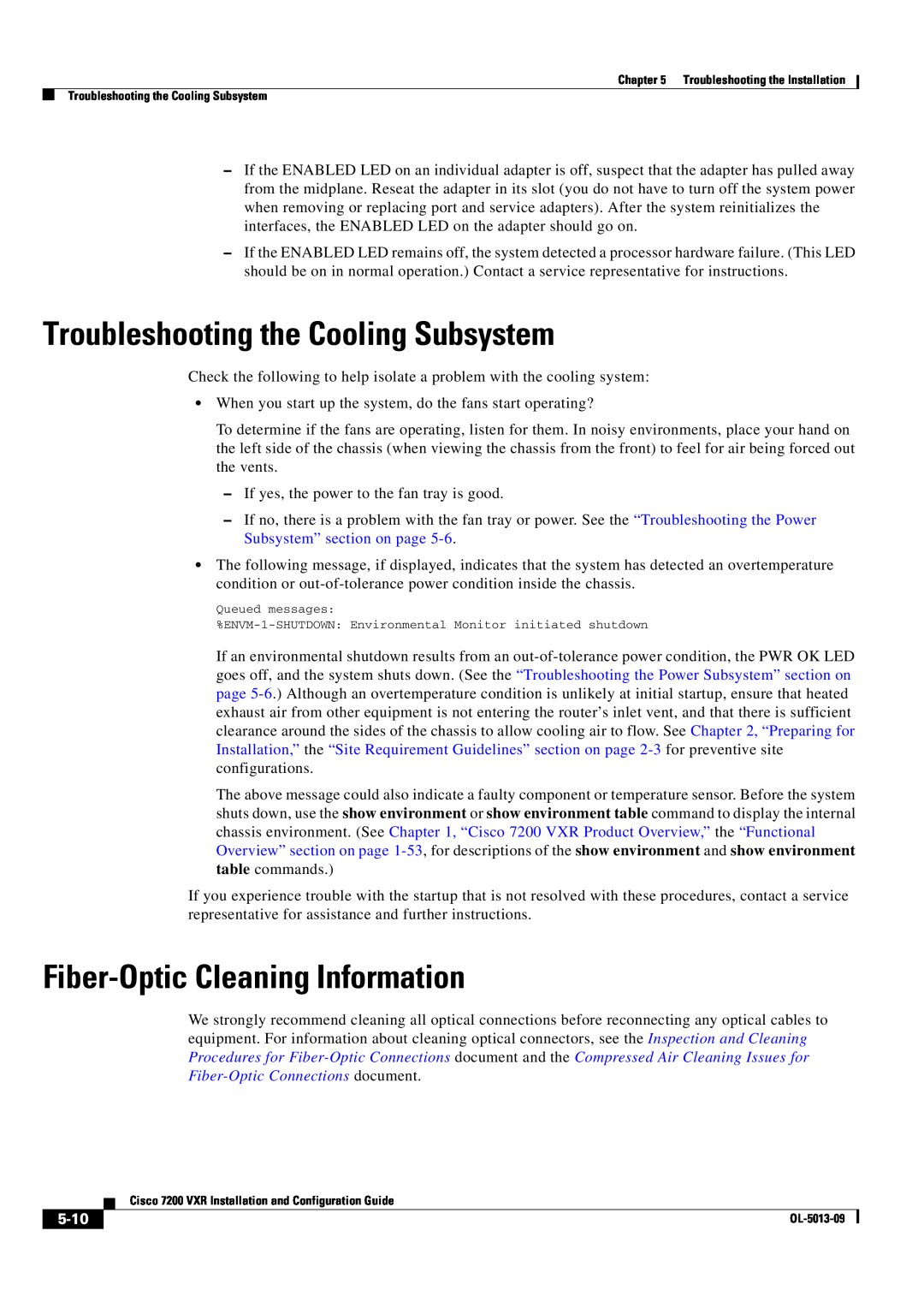Cisco Systems 7200 VXR manual Troubleshooting the Cooling Subsystem, Fiber-Optic Cleaning Information, 5-10 