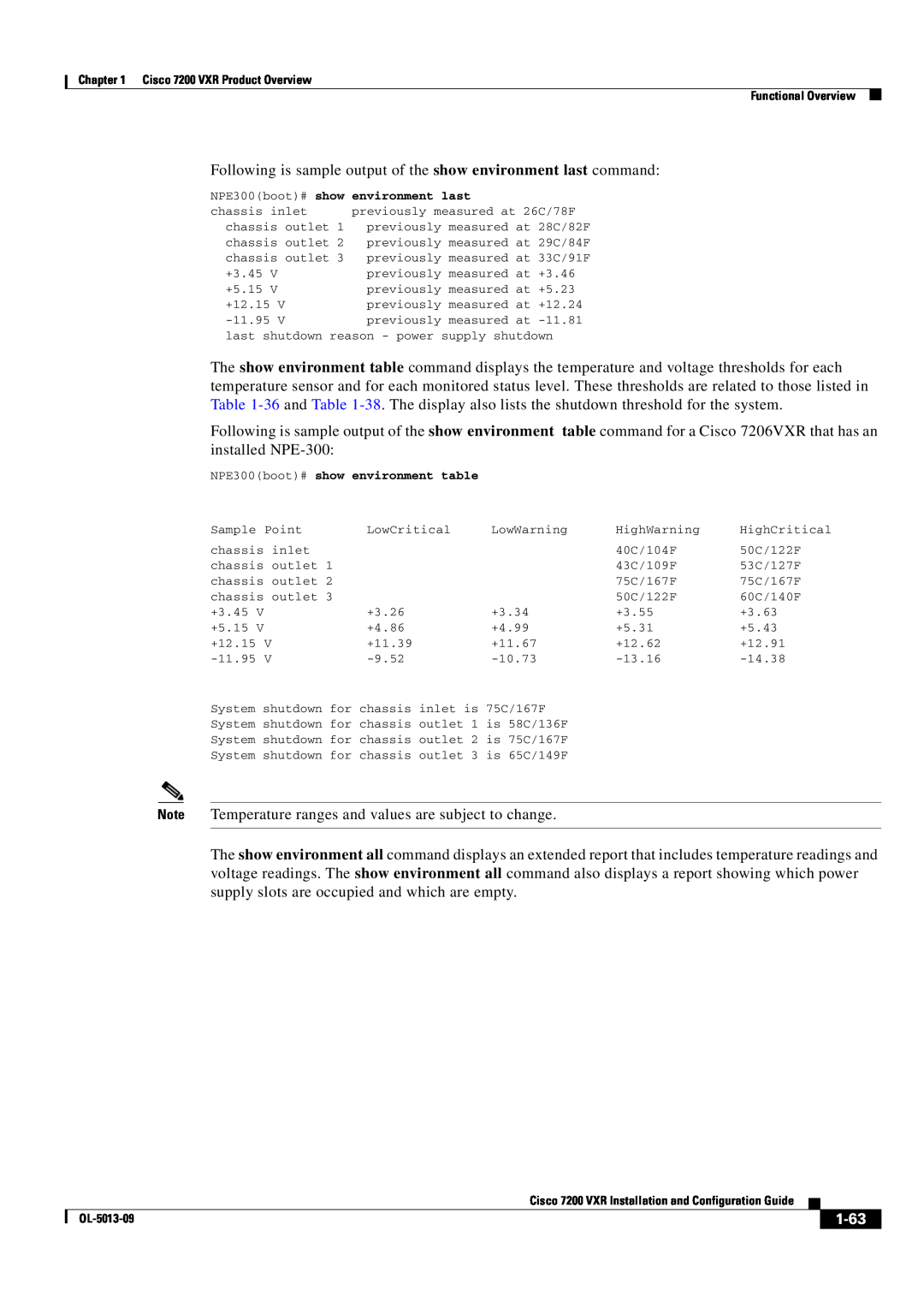 Cisco Systems 7200 VXR manual 1-63, Following is sample output of the show environment last command 