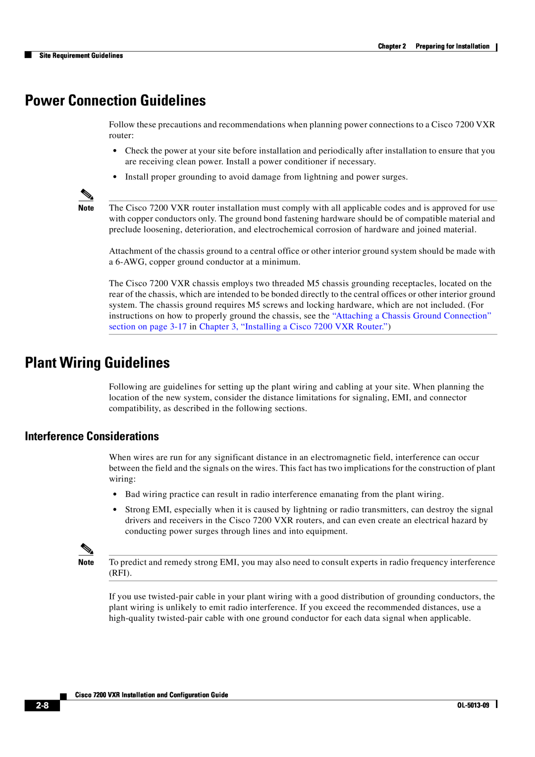 Cisco Systems 7200 VXR manual Power Connection Guidelines, Plant Wiring Guidelines, Interference Considerations 