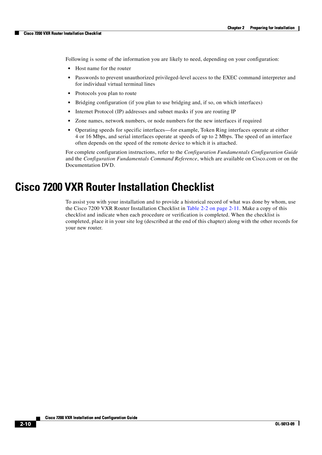 Cisco Systems manual Cisco 7200 VXR Router Installation Checklist, 2-10 
