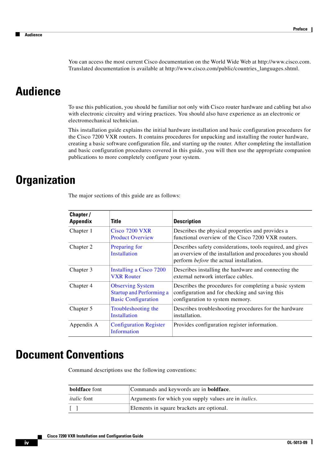 Cisco Systems 7200 VXR manual Audience, Organization, Document Conventions, Chapter Appendix Title Description 