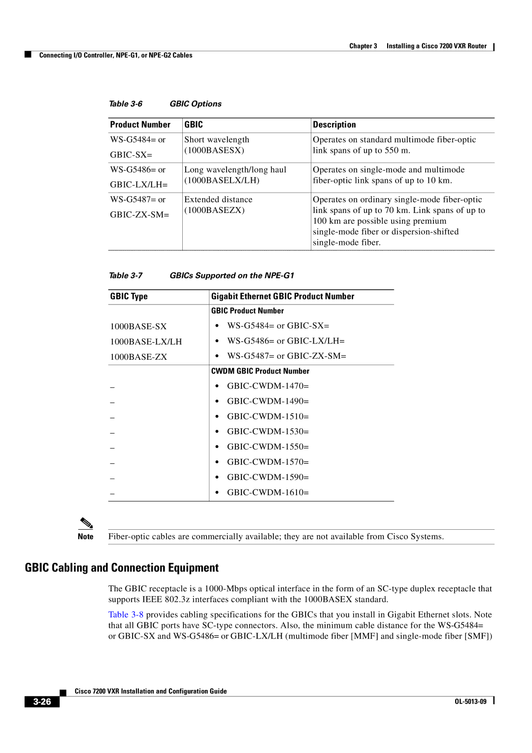 Cisco Systems 7200 VXR manual Gbic Cabling and Connection Equipment, Gbic-Sx=, GBIC-LX/LH= 1000BASELX/LH, Gbic-Zx-Sm= 