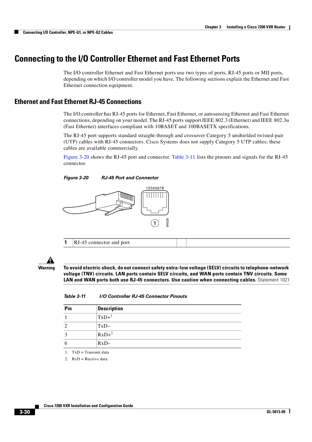 Cisco Systems 7200 VXR manual Ethernet and Fast Ethernet RJ-45 Connections, RJ-45 connector and port, Pin Description 